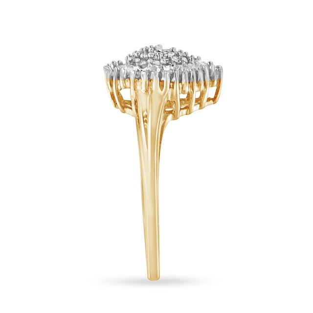 Early 21st Century 10K Yellow Gold 1/2 Cttw Round & Baguette Cut Diamond Pear Shaped Domed PavÃ© Cluster with Halo Cocktail Ring - Size 7-1/4 For Sale - Image 5 of 7