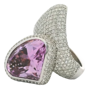 Sculptural 19.21 Carat Kunzite and Diamond Cocktail Ring in 14K White Gold