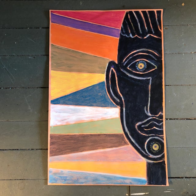 1980s Original Vintage E.J.Hartmann Abstract Watercolor Portrait Painting 1980’s Signed For Sale - Image 5 of 5