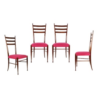Wood and Magenta Fabric Dining Chairs from Paolo Buffa, 1950s, Set of 4 For Sale