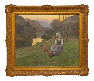 19th Century "Shepherdess and Her Berger Picard" French Figurative Painting by Jean Beauduin, Framed