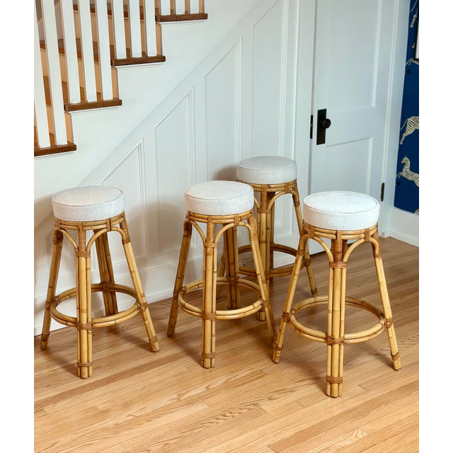 Wood 1970s Calif-Asia Natural Honey Rattan Round Barstools - Set of 4 For Sale - Image 7 of 10