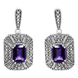 .925 Sterling Silver Diamond Accent and 7x5mm Purple Amethyst Stud Earrings (I-J Color, I2-I3 Clarity) For Sale