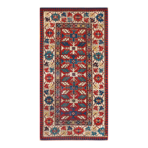 Captivating Jewel Tone Color Tribal Geometric Crab Design Border Antique Caucasian Kazak Rug