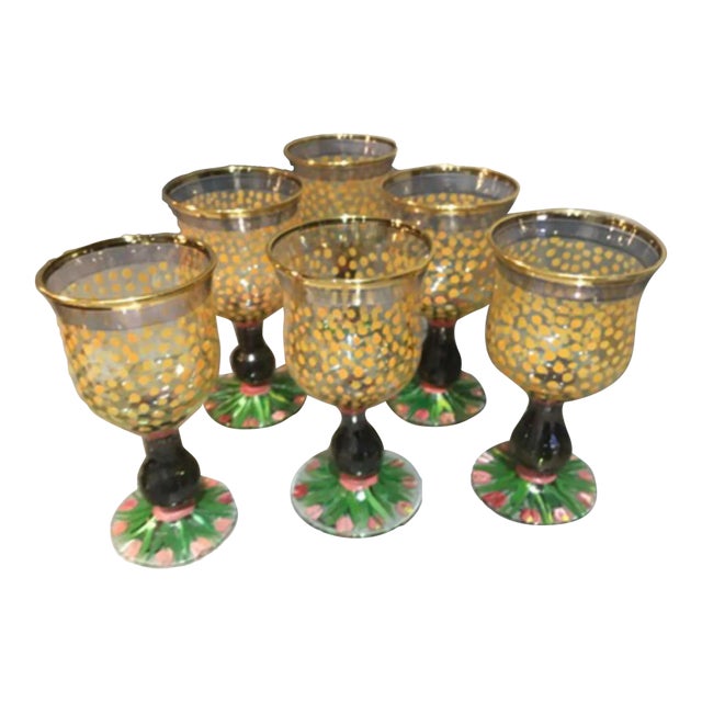 1990s Mackenzie-Childs Hand-Painted Juice / Wine Glasses- Set of 6 For Sale