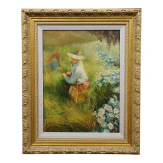 Late 20th Century Mother & Daughter Gathering Flowers Oil Painting After Richard Earl Thompson For Sale