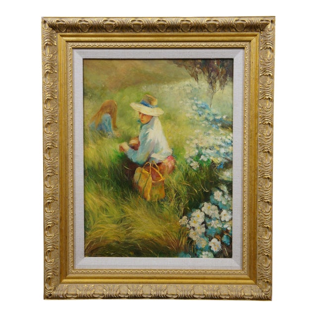 Late 20th Century Mother & Daughter Gathering Flowers Oil Painting After Richard Earl Thompson For Sale