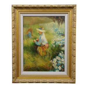 Late 20th Century Mother & Daughter Gathering Flowers Oil Painting After Richard Earl Thompson