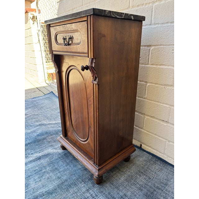 Brown Antique Walnut Nightstand / Bedside Cabinet Featuring a Dark Marble Top and a Single Drawer Above a Cabinet Door For Sale - Image 8 of 9