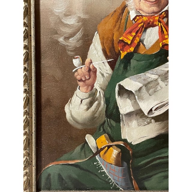 1940s Original Franz Kerber Cobbler Smoking Pipe Realism Oil Painting Signed For Sale In New York - Image 6 of 11