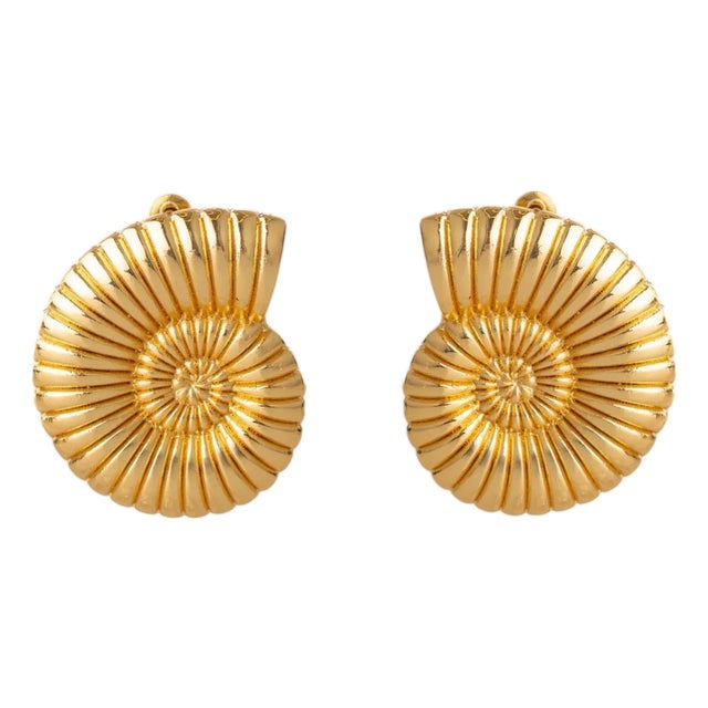 Golden Spiral Seashell Earrings, A Pair For Sale