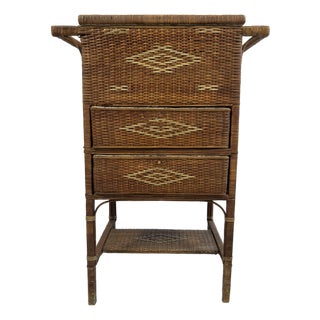 Antique Victorian Wicker Rattan Sewing Stand | Lift-Top Toile Lined, Two Drawers | Edwardian Work Table, 31in For Sale
