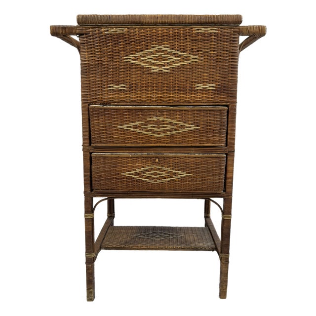 Antique Victorian Wicker Rattan Sewing Stand | Lift-Top Toile Lined, Two Drawers | Edwardian Work Table, 31in For Sale