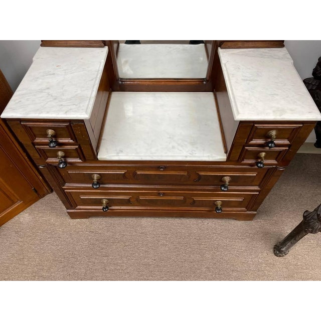 Brown Early 1900's Antique Mirrored Vanity Dresser, Handcarved Walnut, Marble Topped For Sale - Image 8 of 10