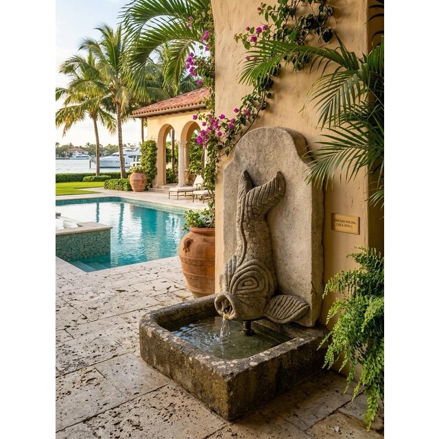 1990s Vintage Cast Stone Dolphin Fish Wall Fountain & Basin For Sale - Image 5 of 6