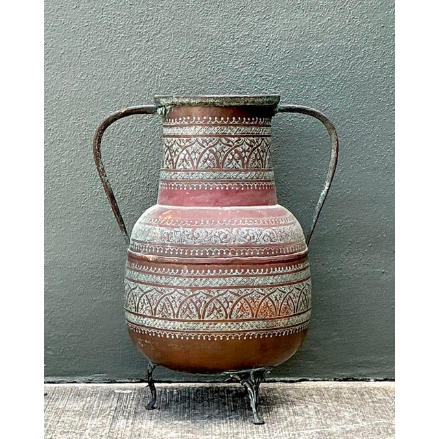 Vintage Engraved Copper Amphora Floor Vase For Sale - Image 9 of 12