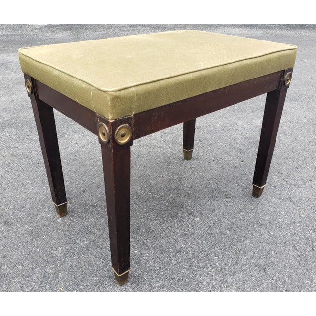 Wood 1940s Mahogany and Upholstered Bench With Brass Capped Legs and Medallions For Sale - Image 7 of 8
