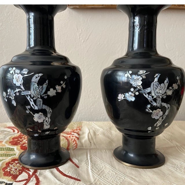 Pair of Vintage 9" Korean Black Enamel Brass Vases, Mother of Pearl Inlay For Sale - Image 4 of 9