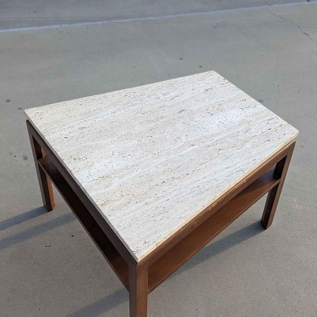 1970s Mid-Century Modern Travertine Top Side Table in Walnut, 1970s For Sale - Image 5 of 9