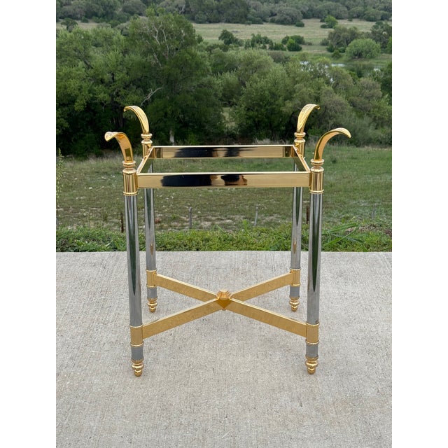 Mid-Century Hollywood Regency Maison Jansen Style Polished Chrome & Brass Glass Top End Table For Sale In Austin - Image 6 of 10