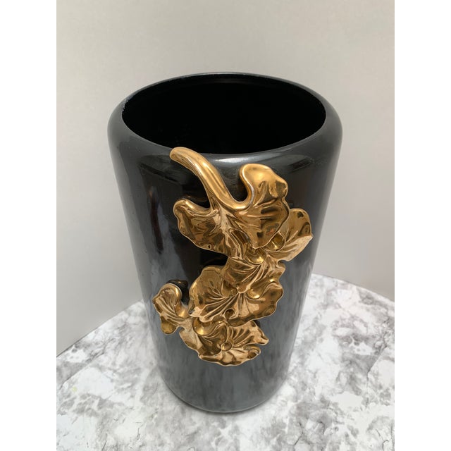 Vintage Large Italian Black and Gold Ginkgo Leaf Vase or Umbrella Vessel For Sale - Image 10 of 11