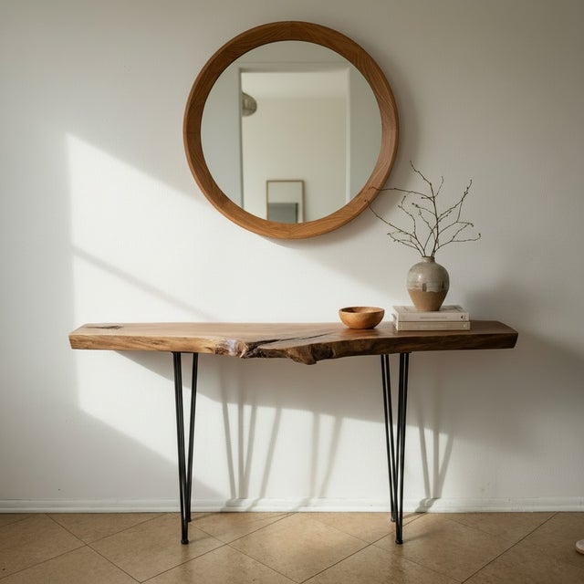 Custom Furniture Builders Handcrafted Live Edge Black Walnut Console Table With Hairpin Legs For Sale - Image 4 of 12