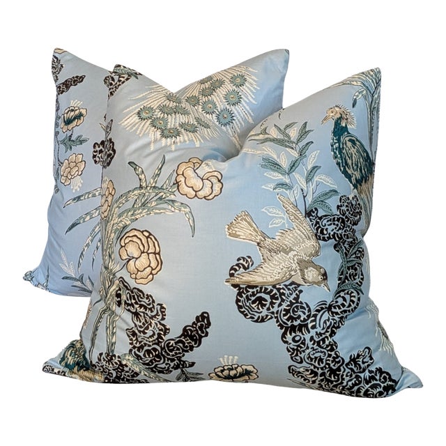 Schumacher Peacock Aqua Pillows- Pair For Sale