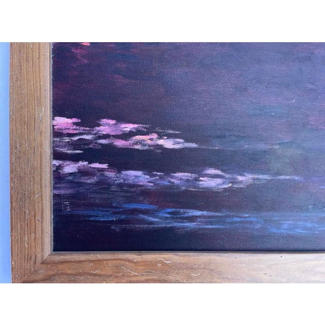 Mid 20th Century Vintage Impressionist Water Lily Pond Oil Painting in Cobalt Blue & Violet For Sale - Image 5 of 5