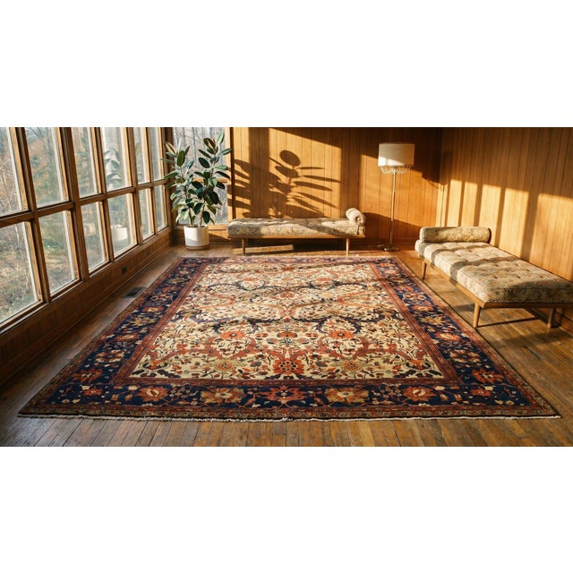 Ivory Fantastic Ivory and Navy Blue Color With Florid and Palmettes Design Antique Sultanabad Rug For Sale - Image 8 of 8