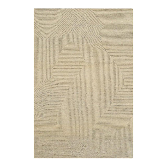 6x9 Ivory Hand-Knotted Wool Linear Maze Geometric Modern Carpet Rug For Sale