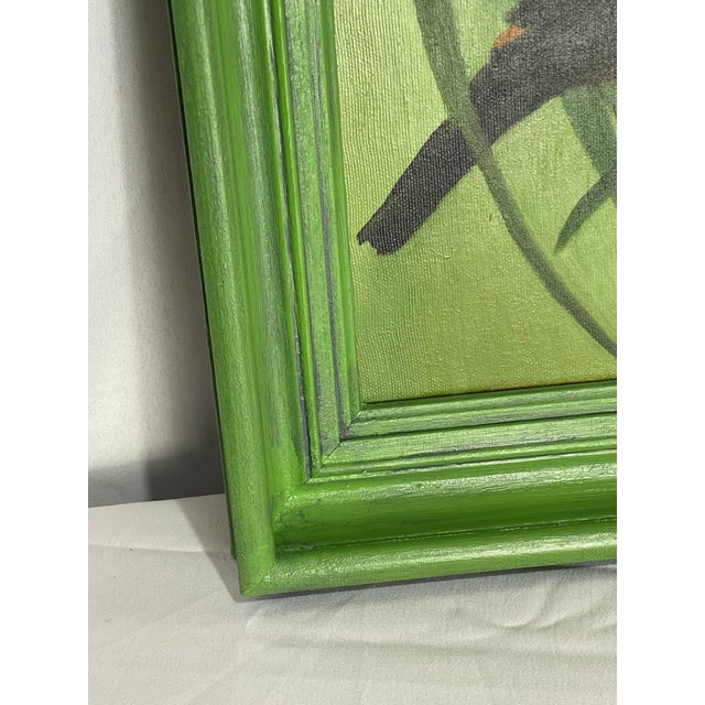 Vintage painting of a male Painted Bunting, set against a lush avocado-green botanical backdrop and presented in a...