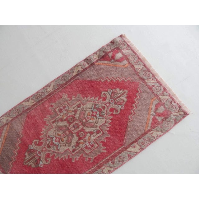 Distressed Low Pile Small Turkish Hand Knotted Yastik Rug 1′10″ × 3′3″ For Sale - Image 4 of 7