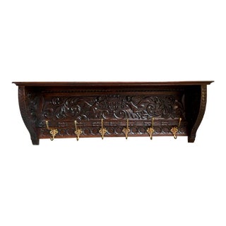 Antique French Carved Oak Wall Shelf Coat Hat Rack Farmhouse Kitchen Brass Hooks For Sale