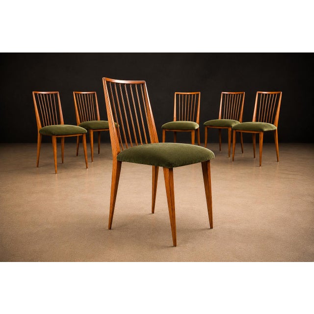 Rare Set of Six Dining Chairs by Joaquim Tenreiro in Caviúna Wood & Olive Green Mohair, Brazil, 1950s For Sale - Image 15 of 16