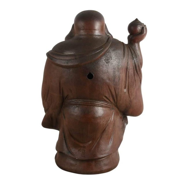 Asian Signed Concrete Laughing Buddha Statue With Reddish Brown Finish Asian Garden Sculpture For Sale - Image 3 of 9