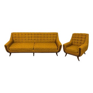 Mid-Century Modern Walnut Upholstered Sofa & Arm Chair For Sale