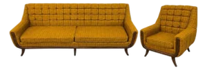 Mid-Century Modern Walnut Upholstered Sofa & Arm Chair