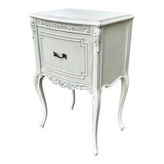 Antique French Style Carved Table/Nightstand in Distressed Antique White Finish For Sale