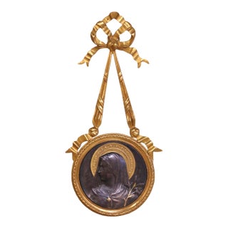 19th Century French Two-Tone Bronze Virgin Mary Wall Medallion With Gilt Ribbon Crest For Sale