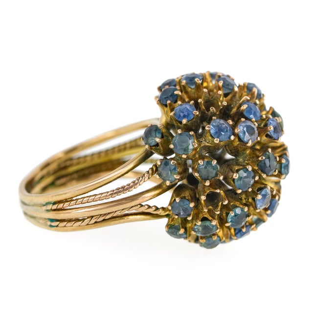 Mid 20th Century 10k Yellow Gold Blue Topaz Cluster Ball Cocktail Ring Vintage For Sale - Image 5 of 7