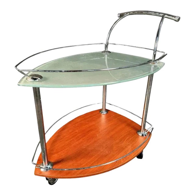 MCM Tempered Glass Bar Cart For Sale
