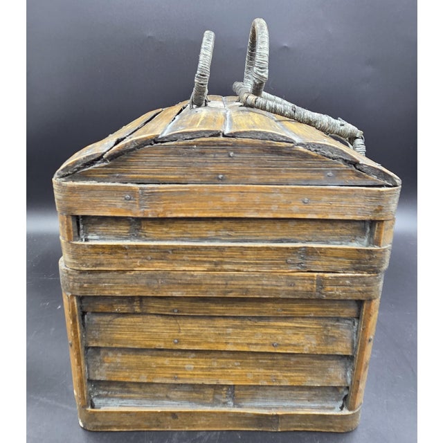 Mid 20th Century Vintage Primitive Split Bamboo Slatted Storage Chest Trunk- 13" Gathering Basket With Wrapped Wire Handles For Sale - Image 5 of 18