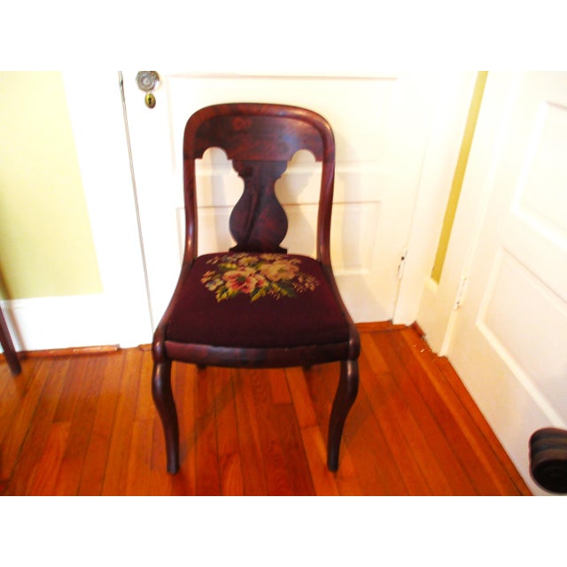 This is a Lovely! Antique Empire Flame Mahogany Accent Chair with Purple Needlepoint Seat with a Flower Design that is 32"...