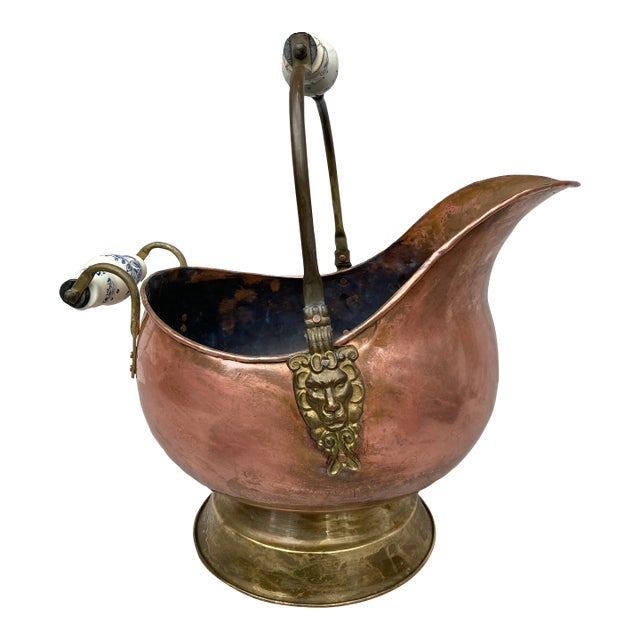 Mid 20th Century Copper Brass Coal Scuttle Ash Bin With Delft Handles Holland For Sale