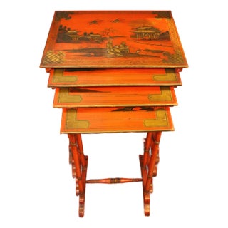 Circa 1900 English Edwardian Set of 4 Red Lacquer Nesting Tables For Sale