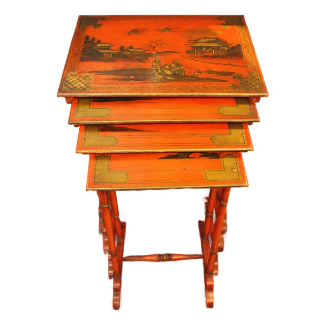Circa 1900 English Edwardian Set of 4 Red Lacquer Nesting Tables For Sale