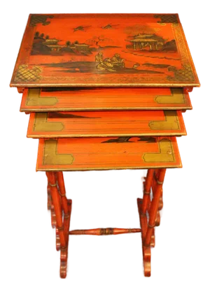Circa 1900 English Edwardian Set of 4 Red Lacquer Nesting Tables