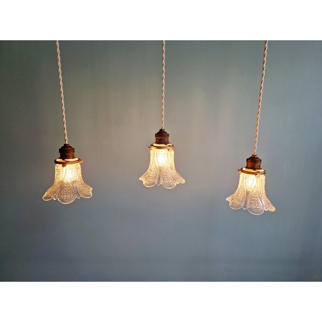 Art Deco Pendant Lights in Clear Glass, 1930s, Set of 3 For Sale - Image 6 of 17