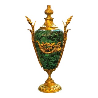 French Style Green Porcelain Vase With Gold Leaf & Bronze Accents For Sale