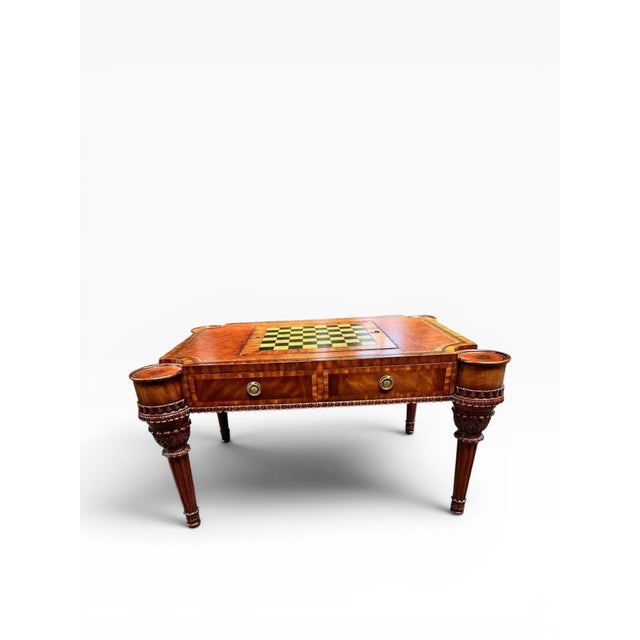 English Maitland-Smith Leather Top Game Table W/ Chess & Backgammon, Carved Legs & Drawers For Sale - Image 3 of 13
